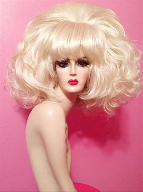 Lady Bunny Wig Drag Queen Wig Platinum Blonde Beehive Bangs Fringe