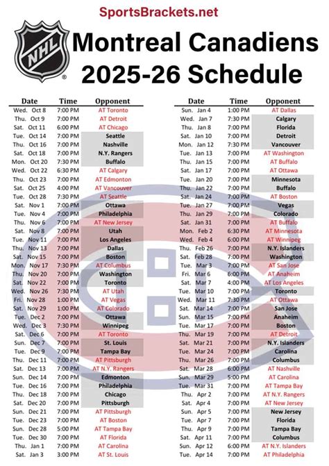 montreal canadiens schedule printable  format sports