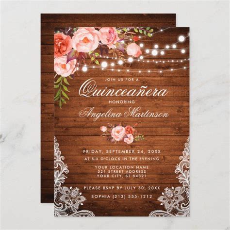 Rustic Quinceanera Wood Lights Lace Coral Floral Invitation Zazzle