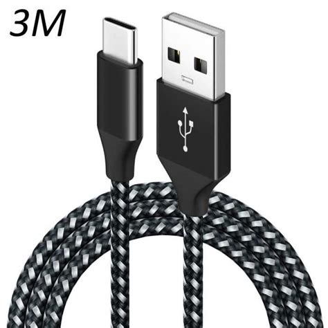 Cable Nylon Tressé Noir Type USB C 3M pour Honor Magic 5 LITE 5 PRO