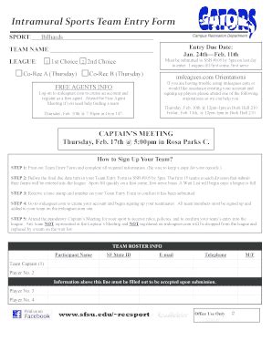 Fillable Online Sfsu Intramural Sports Team Entry Form Sfsu Fax Email