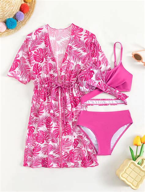 Girls Tropical Print Bikini Swimsuit With Kimono Shein Uk