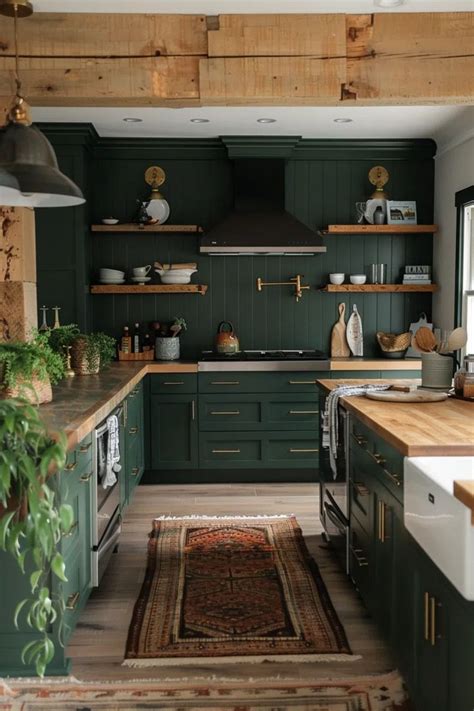 50 Kitchens With Green Cabinets And Wood Accents In 2024 Dark Green