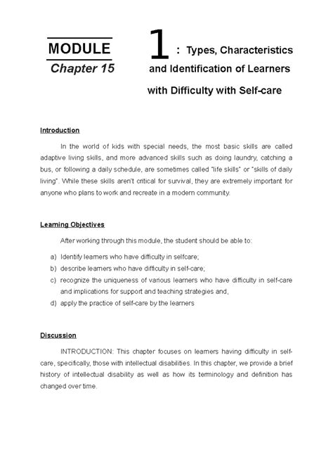 Chapter 15 Module: Summary of Learners with Self-Care Difficulties