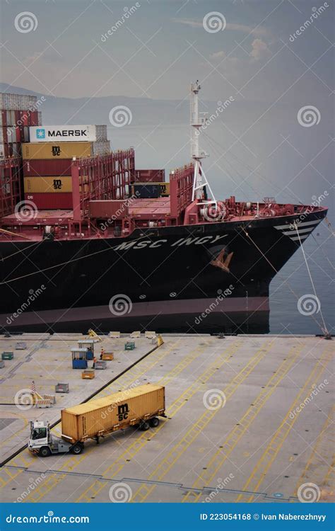 Truck With MSC Container At Bow Of MSC Vessel Background Editorial ...