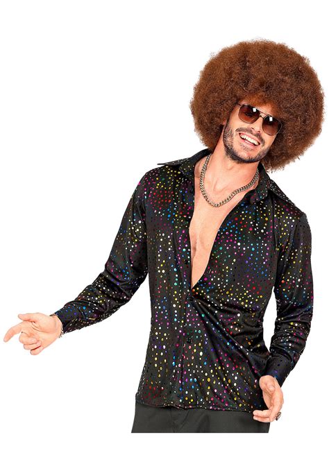 D Guisement Disco Chemise Noire Paillettes Multicolores Aux Feux De