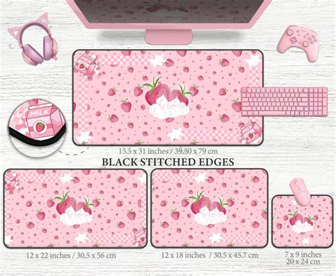 Pink Cute Deskmat Kawaii Mousepad Strawberry Milk Pink Desk Mat