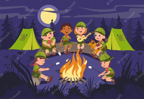 Premium Vector Tourist Night Campfire Children Roast Marshmallow Fire