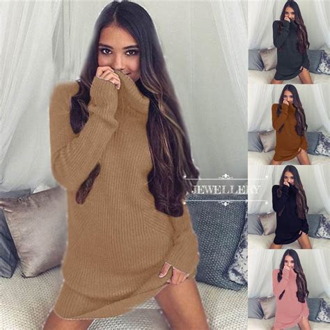 Buy Women Casual Long Sleeve Jumper Turtleneck Sweaters Dress At