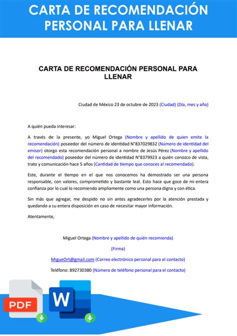 Carta De Recomendacion Ejemplos Word