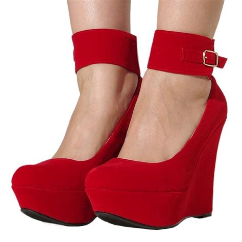 Qupid Womens Red Velvet Ankle Strap Platform Wedge Red Wedge Heels