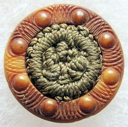 Vtg Carved Vegetable Ivory Button W Woven Silk Center Antique