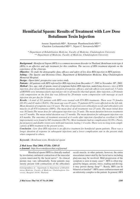 Pdf Hemifacial Spasm Results Of Treatment With Low Dose Botulinum