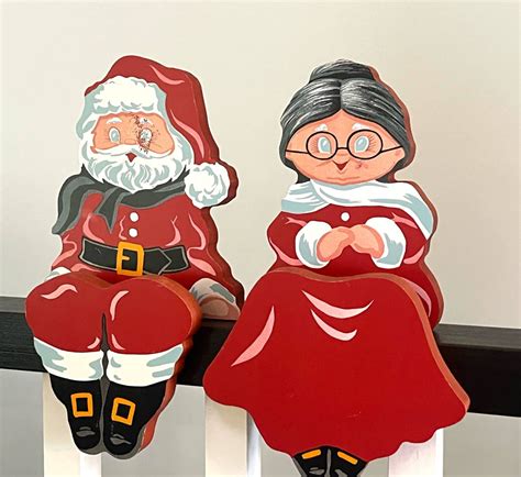 Vintage Santa Mrs Claus WOODEN SHELF SITTERS 11x6 5 Wall Art