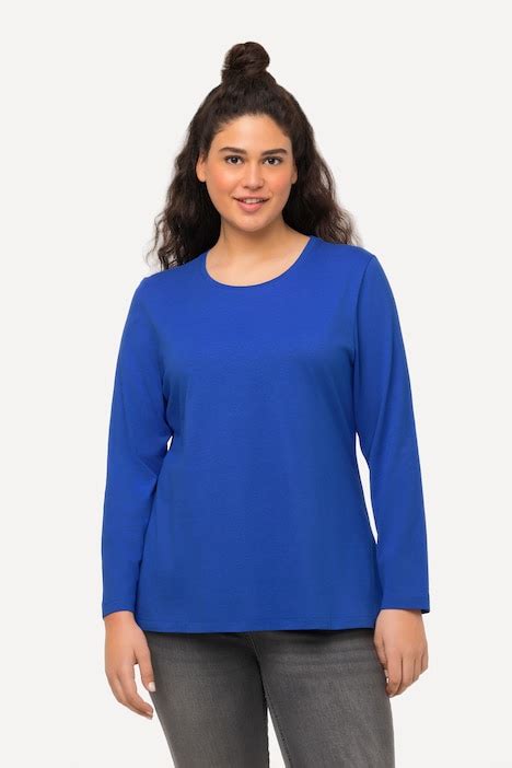 Basic Round Neck Long Sleeve Slim Fit Cotton Tee Royal Blue Ulla Popken