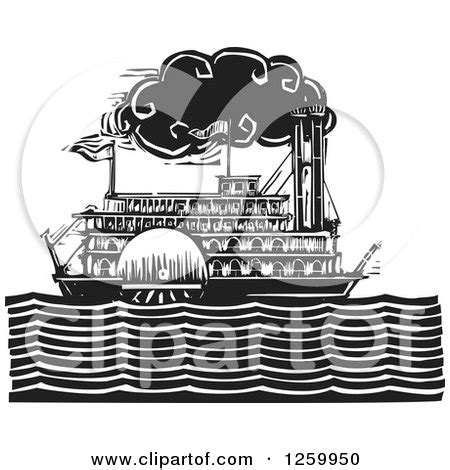 Clipart of a Black and White Woodcut Steamboat - Royalty Free Vector ...