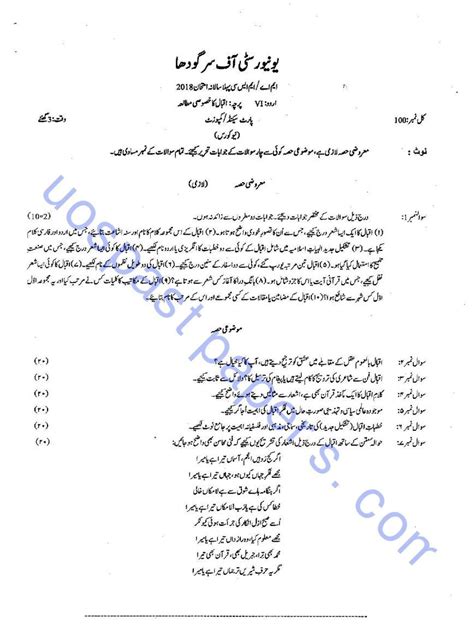 Iqbal Ka Khasoosi Motalia Ma Urdu Sargodha University Past Papers