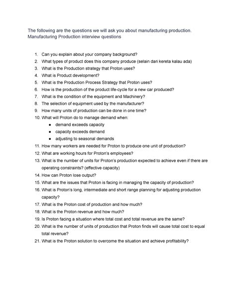 Manufacturing Production Interview Questions The Following Are The