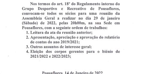 GRUPO DESPORTIVO E RECREATIVO DE POUSAFLORES Convocatória Assembleia