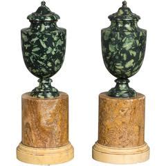 Fine Pair Of Mounted Green Porphyry Marble Urns Circa Grand