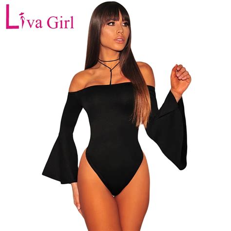 Liva Girl 2019 Black Off Shoulder Bell Sleeves Bodysuit Women