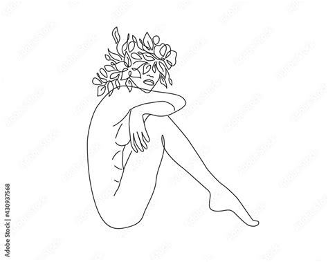 Woman With Flowers Line Art Drawing Naked Woman In Sitting Pose Line