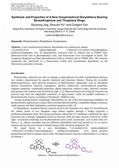 Synthesis And Properties Of A New Unsymmetrical Diarylethene Bearing