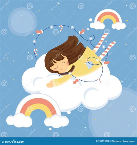 Vector Illustration Cute Girl Sleep On The Cloud With Sky Background