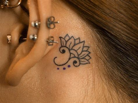 Beautiful Elegant Small Black Ink Lotus Flower Tattoo Behind Ear Tattooimagesbiz