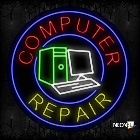 Computer Repair With Logo And Blue Circle Border Neon Sign