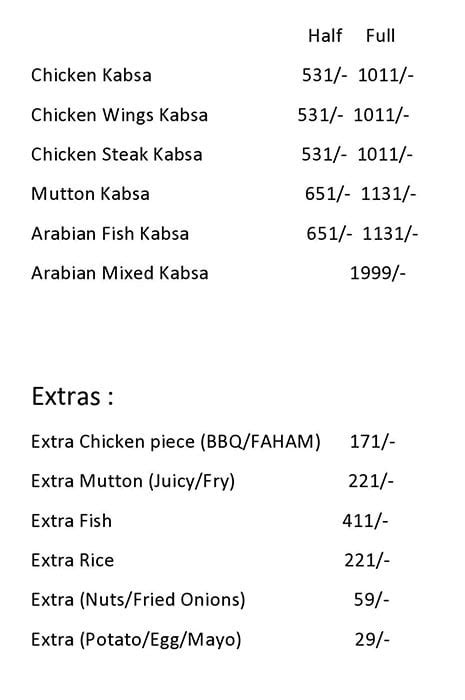 Menu of Barkaas Arabic Restaurant, Park Circus Area, Kolkata