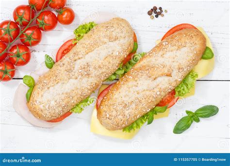 Sub Sandwich Whole Grain Grains Baguette With Cheese And Ham Fro Stock