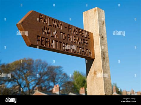 Close up of Wooden footpath path walk walking route sign Whitby North ...