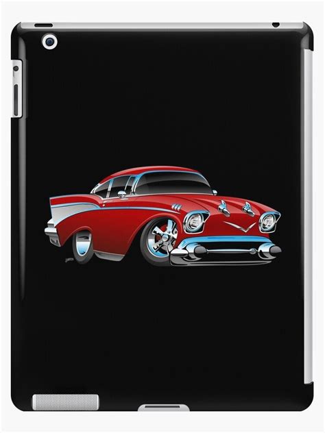 Classic Hot Rod 57 Muscle Car Low Profile Big Tires And Rims Candy Apple Red Cartoon Ipad