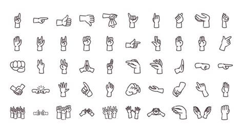 Sign Language Hand Gestures Collection Icons Line And Fill Stock Vector