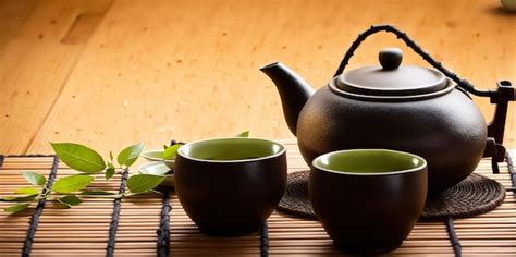 Juego de té japonés en la ceremonia del té de estera de bambú ia