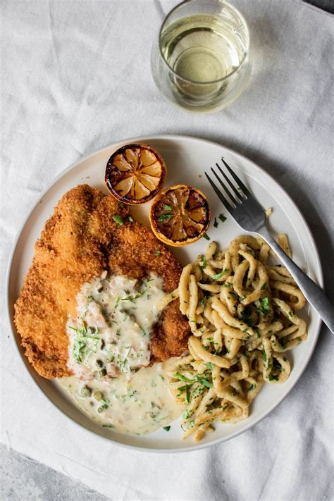 Pork Schnitzel With Buttermilk Spaetzle And Lemon Caper Dill Sauce — So Much Food Pork