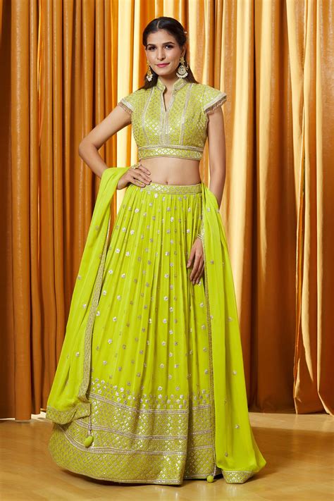 Buy Green Georgette Embroidered Sequin Geometric Embellished Lehenga