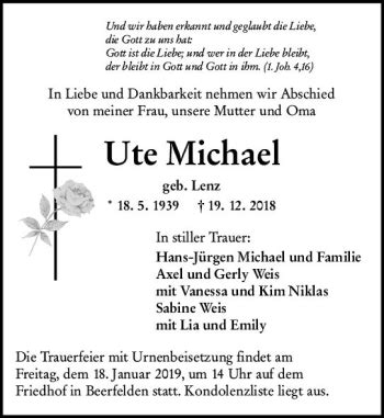 Traueranzeigen Von Ute Michael Vrm Trauer De