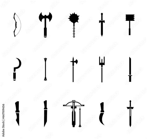 Medieval Weapon Set Silhouettes Of Crossed Steel Arms Sword Blade Sharp Ancient Knife