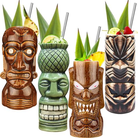 Tiki Glasses For Cocktails Tiki Mugs Set Of 4 Ceramic Tiki Party Cups Bar Decor Ebay