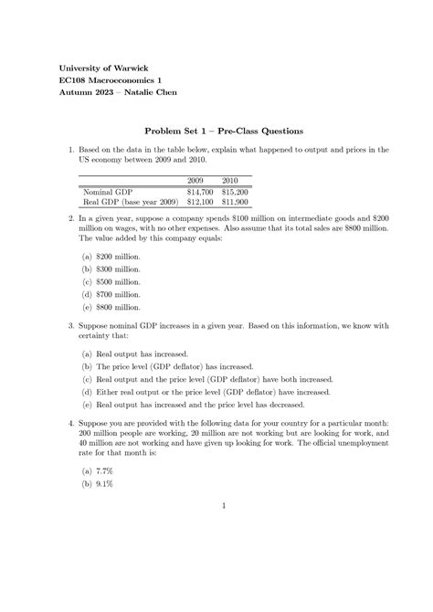 Problem Set Pre Class University Of Warwick Ec Macroeconomics