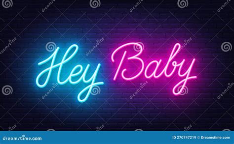 Hey Baby Neon Lettering On Brick Wall Background Cartoon Vector