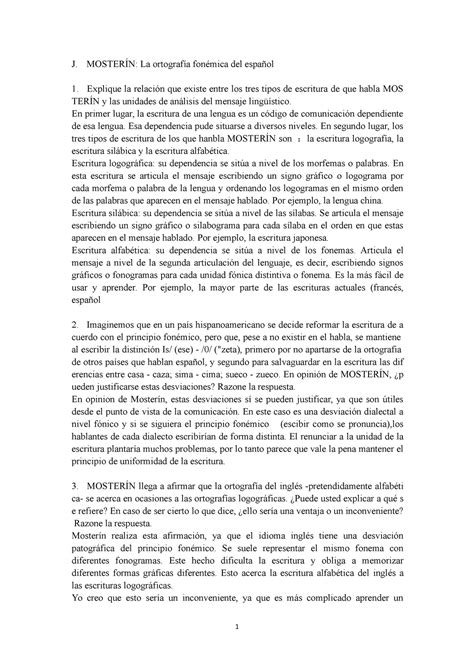 Cuestionario 1 Lectura 1 J MosterÍn La Ortografía Fonémica Del Español Explique La