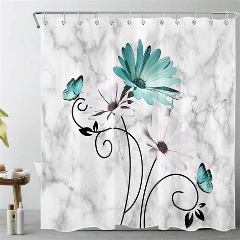 JOOCAR Teal And White Floral Shower Curtain Butterfly On Grey Marble