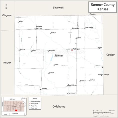 Map of Sumner County, Kansas showing cities, highways & important ...