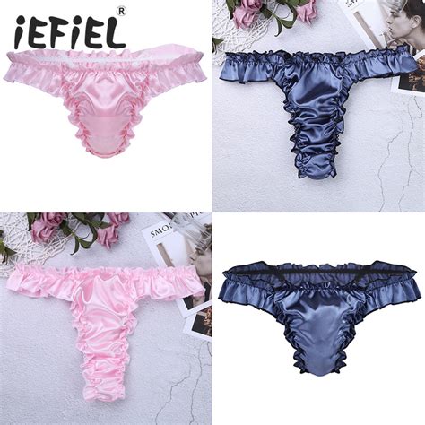 Mens Sexy Soft Shiny Frilly Ruffled Bikini Thong Briefs Gay Underwear