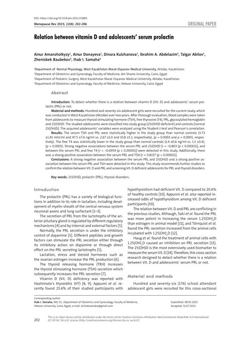 Pdf Relation Between Vitamin D And Adolescents Serum Prolactin