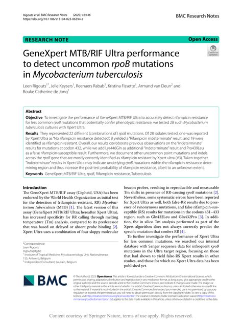 Pdf Genexpert Mtb Rif Ultra Performance To Detect Uncommon Rpob