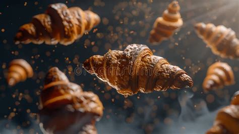 Freshly Baked Croissants Levitating Against A Dark Background Warm